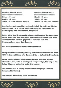 King Limitaet 2017 | Defending The Homeland Antique Style Beer Stein 13 King Limitaet 2017 | Defending The Homeland Antique Style Beer Stein -Luxury Cup Store Certificate Back Limitaet 2017 13725.1489787589