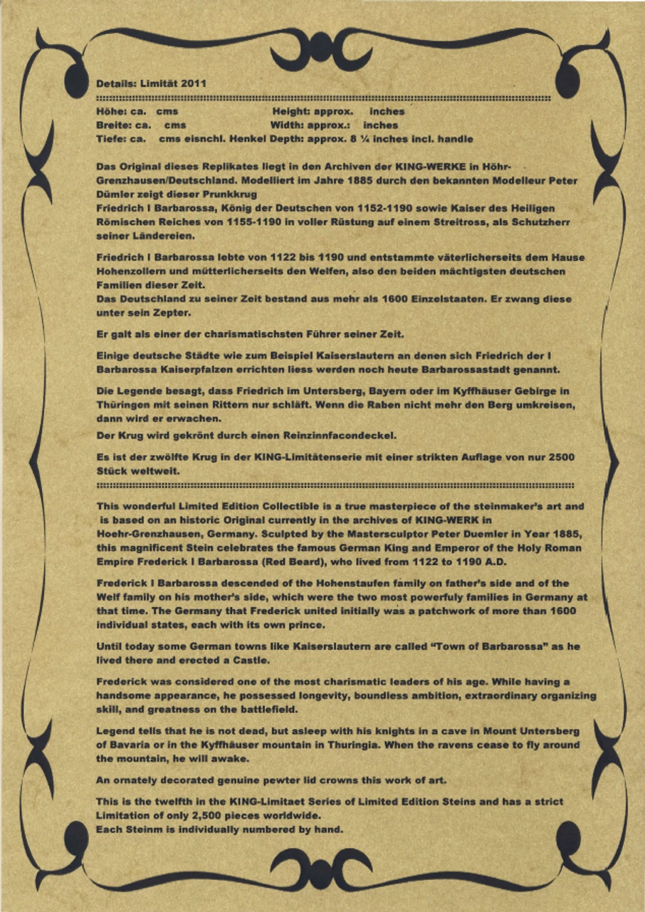 King Limitaet 2011 | King Barbarossa Handpainted Beer Stein 6 King Limitaet 2011 | King Barbarossa Handpainted Beer Stein - Image 6