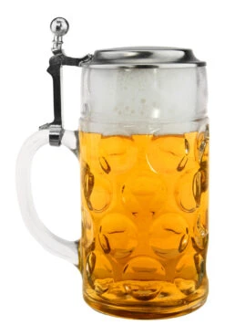 Dimpled Oktoberfest Glass Beer Mug With Flat Pewter Lid 1 Liter