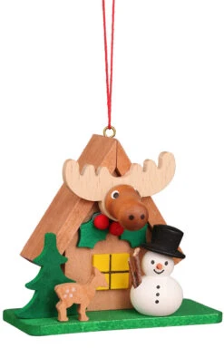 Elk House With Snowman Wooden German Christmas Ornament