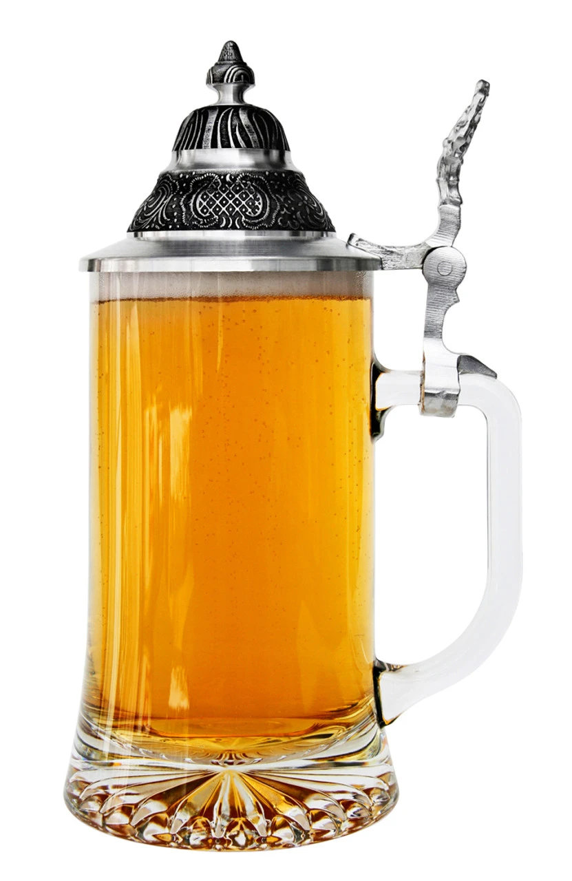 Glass Beer Stein With Pointed Pewter Lid 1 Glass Beer Stein With Pointed Pewter Lid