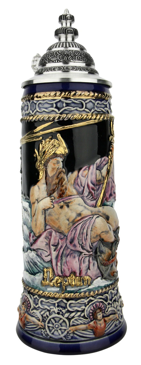 Neptune German Beer Stein With Mermaid Handle | Handpainted 1 Neptune German Beer Stein With Mermaid Handle | Handpainted