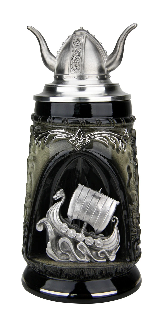 Viking Ship Grotto Beer Stein With Helmet Lid